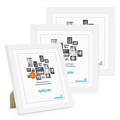 Photolini Set di 3 cornici per Foto da 15x15 cm Modern Bianco in MDF con Vetro Acrilico, Accessori Inclusi/Collage Foto/Galleria Fotografica