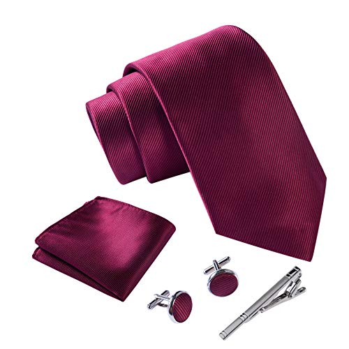 Massi Morino ® Cravatta uomo + Gemelli + Fazzoletto (Set cravatta uomo) regalo uomo con confezione regalo (Rosso vino)