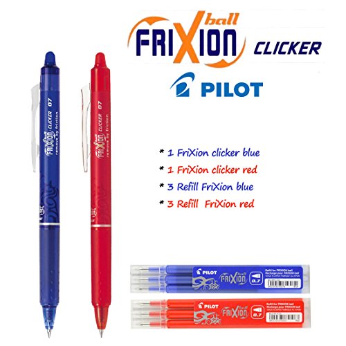 Pilot FriXion Ball Clicker - Penna roller a scatto con inchiostro gel cancellabile, (Set con penna blu, penna rossa, 3 refill blu, 3 refill rosso)