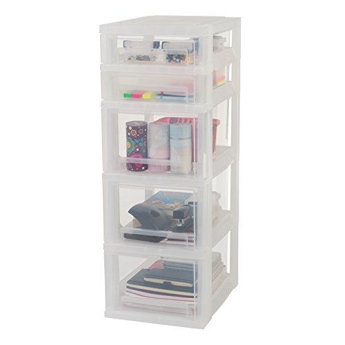 Iris Ohyama, torre memorizzazione su rotelle 5 cassetti - Smart Drawer Chest - SDC-323, plastica, bianco/trasparente, 62L, 29 x 39 x 87 cm