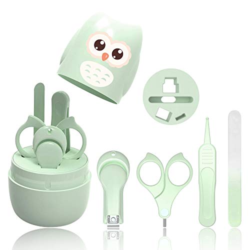 Set Manicure Neonati| Kit 4-in-1 per Baby, con Forbicine, Tagliaunghie, Lima e Pinzetta in Custodia con Gufo | Sicuro, Facile da Usare|Ottima Idea Regalo per Nascita o Battesimo (Verde) (B)