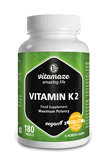 Vitamaze® Vitamina K2 MK-7 200 mcg Alto Dosaggio Menachinone, 180 Compresse Vegan per 6 Mesi, Qualità Tedesca, Naturale Integratore Alimentare senza Additivi non Necessari