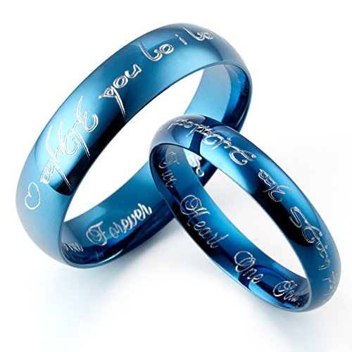 Gemini - Set di fedi nuziali in titanio, personalizzabili, con scritta in elfico, per lui e per lei, ideali per promessa di matrimonio, a cupola, lucide, colore: blu