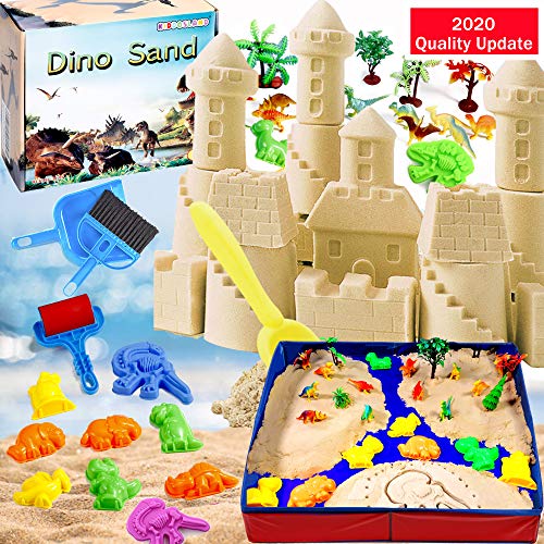KiddosLand Sabbia Modellabile Magica 3 lbs di Sabbia Naturale, 39 Accessori Include Dinosauro, Stand per Gli stampi, Alberi, Strumenti di Pulizia e Pieghevole scatolo di Sabbia per Bambini