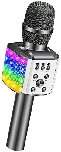 Microfono Senza Fili Wireless per Karaoke, BONAOK con luci LED Colorate Lampeggianti, 4 in 1 Portatile karaoke microfono Festa a Casa Altoparlante Regalo di Natale per Android/iPhone(Grigio Siderale)