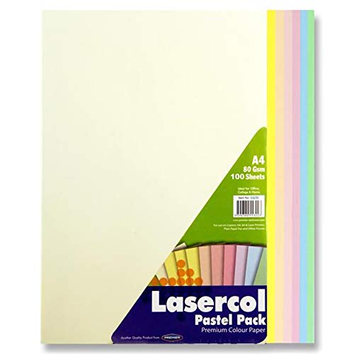 Premier Stationery, fogli di carta colorata, A4, 80 g/mq – colori pastello arcobaleno (confezione da 100 fogli)