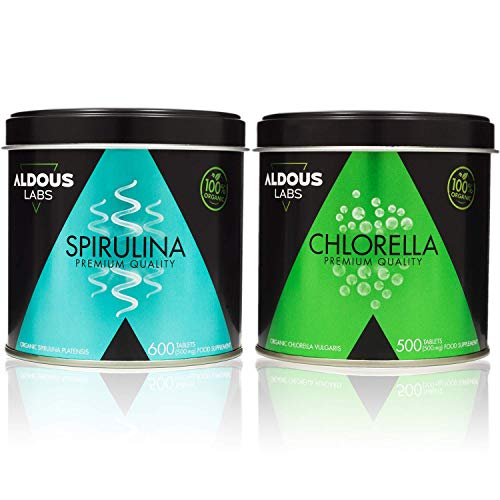 Pack Aldous Bio Premium Organic Spirulina + Premium Organic Chlorella | 1100 compresse da 500 mg | Vegan - Saziante - DETOX - Proteine ​​Vegetali | Certificazione ecologica ufficiale
