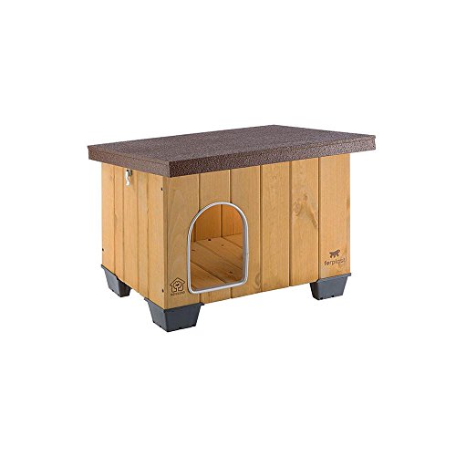 Ferplast Cuccia casetta per cani BAITA 50 in legno FSC, Piedini isolanti in plastica, Porta con antimorso in alluminio, Tetto apribile