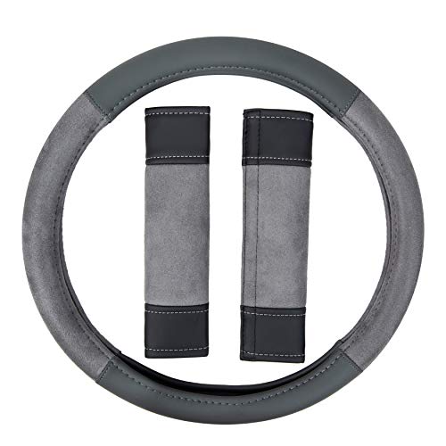 AmazonBasics - Coprivolante da 38 cm e cuscinetti per cinture di sicurezza, in finta pelle e pelle scamosciata, grigio