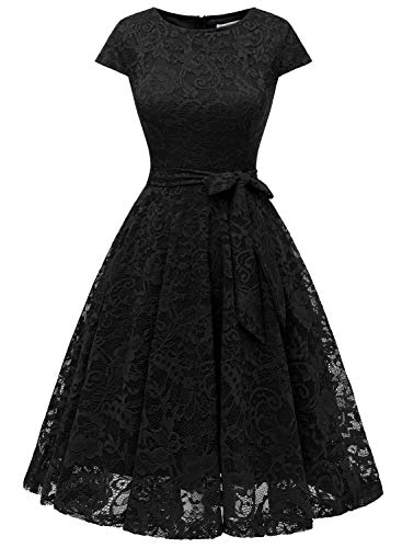 MuaDress Vestito Donna Eleganti da Sposa in Pizzo Girocollo Manica Corta con Cintura per Cerimonia Nuziale 6008Noir L