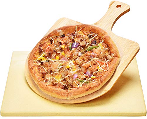 Harcas Pietra per Pizza 38cm x 30cm x 1,5 centimetro e Pale per Pizza in Bamboo. Ideale per la Cottura e per il Servizio, Barbecue, Griglia, Torte, Pasticceria e Calzoni