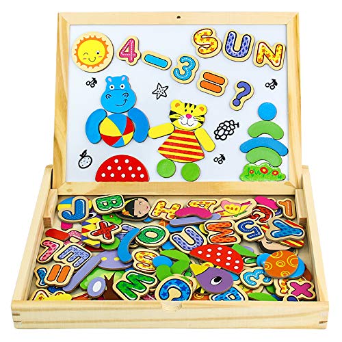 Puzzle Magnetico Legno Giocattolo di Legno Bambini con Double Face Magnetica Lavagna Legno 90 pcs Tavolo Giochi Bambini 3 anni -5 anni