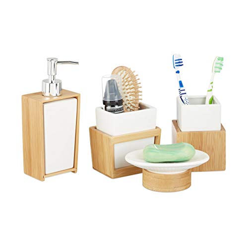 Relaxdays 10022205 Set Accessori Bagno 4 Pezzi, Dispenser, Porta-Sapone, Porta-Spazzolino, Bambù, Ceramica, Marrone e Bianco