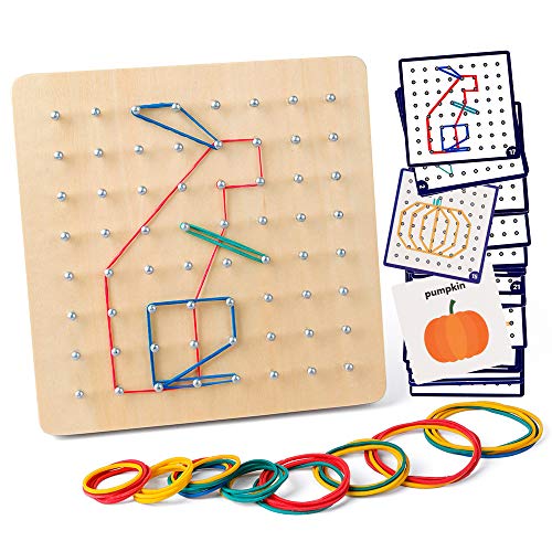 Coogam Geoboard di Legno con Carte di Pattern di attività e Bande di Gomma - 8x8 Pin Geometria Geoboard Montessori Forma Puzzle Tavola Ispira l'immaginazione e la creatività del Bambino