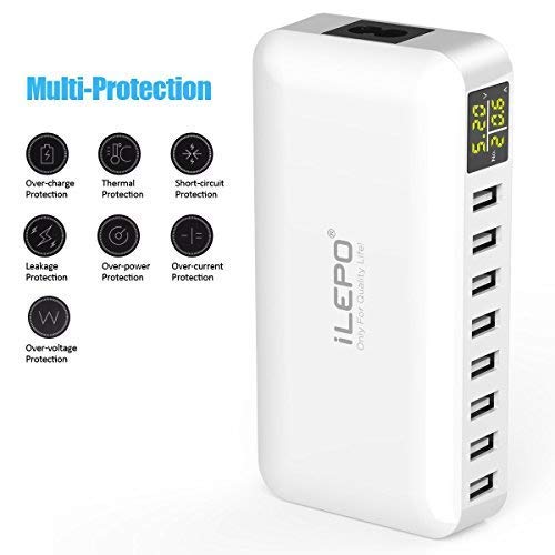 iLepo USB Charging Station 8-Port Charger Plug with LCD Display Voltage Meter Monitor 50W Max 8A Desktop Portable USB Wall Charger for Smart PhoneTablets,Camera, PowerBanks And More (USB hub-It)