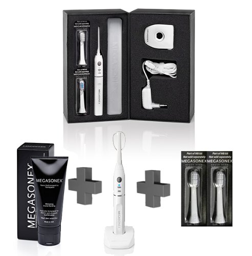 MEGASONEX, set di spazzolini a ultrasuoni M8, con dentifricio, lingua, 2 testine morbide