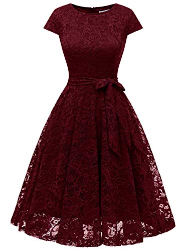 MuaDress Vestito Donna Eleganti da Sposa in Pizzo Girocollo Manica Corta con Cintura per Cerimonia Nuziale 6008Bordeaux XS