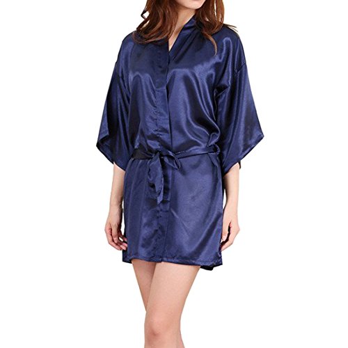 Sidiou Group Vestaglia Kimono Donna Elegante Pigiama Vestaglia Raso Corta Camicie da Notte per Donna Accappatoio Biancheria da Notte Abito da Notte Indumenti da Notte (XL, Stile 2-Blu Scuro)