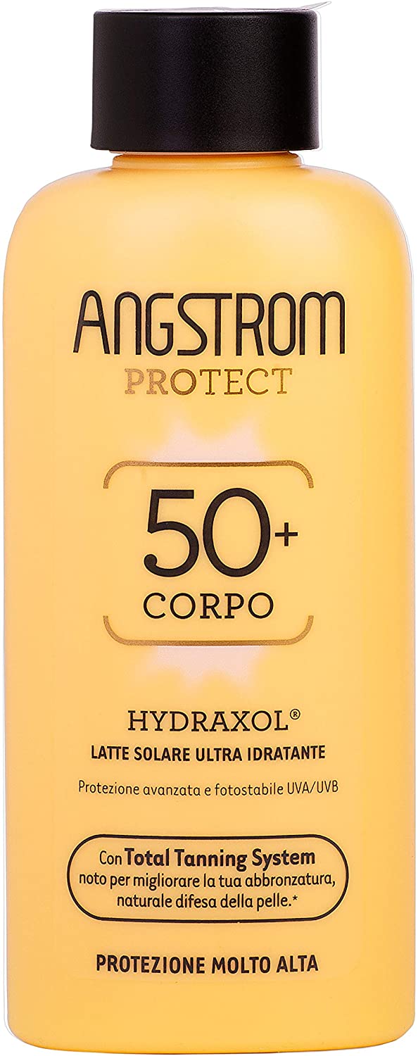 Angstrom Protect Latte Solare Ultra Idratante, Protezione Solare 50+ con Azione Nutriente e Prolungata, Indicata per Pelli Sensibili, 200 ml