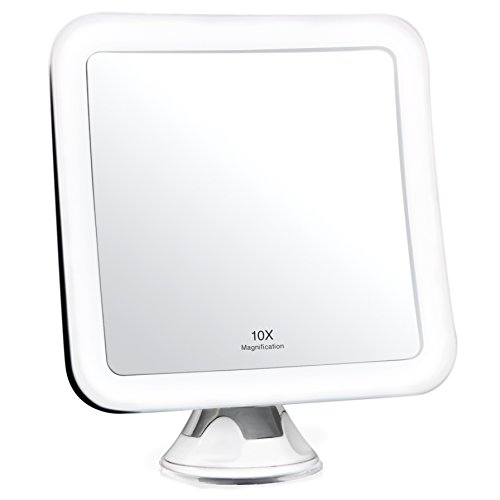 Fancii 10X Specchio ingranditore per Trucco con Luce LED e Ventosa Potente - Specchio cosmetico da Viaggio Illuminato - Specchio da Bagno Portatile (Quadrato)