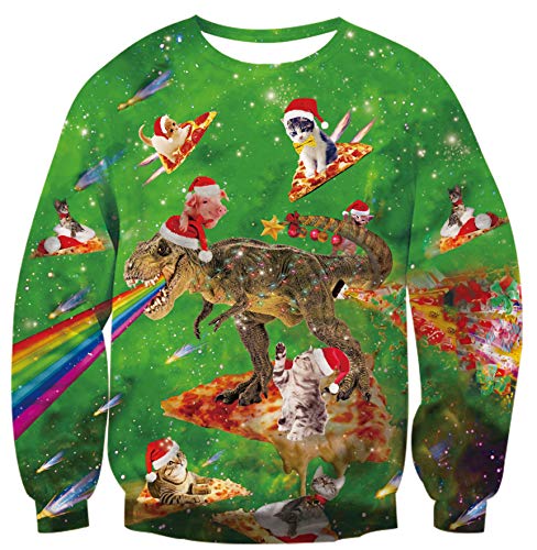 TUONROAD Unisex Pullover di Natale Funny Pizza Dinosauro 3D Stampato Christmas Sweatshirt Uomo Donna Crewneck Ugly Xmas Sweater Maglione - XXL
