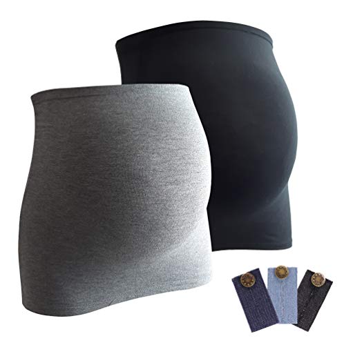 Mamaband - Fascia addominale per la gravidanza, confezione da 2 + 3 elastici in jeans, scaldaschiena e estensione della maglietta per donne incinte grigio/nero Small