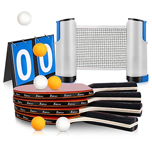 XDDIAS Set da Ping Pong, Professionale Tennis da Tavolo Racket Set - 4 Racchetta/Pagaia + 6 Palline + Regolabile Rete + Scheda di Punteggio