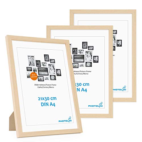 Photolini Set di 3 cornici per Foto da 21x30 cm/DIN A4 Modern Naturale in MDF con Vetro Acrilico, Accessori Inclusi/Collage Foto/Galleria Fotografica