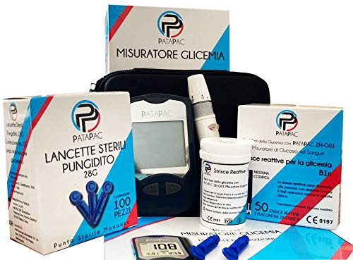 Glucometro kit con Pungidito 60 Strisce 110 Lancette e Astuccio, misuratore della Glicemia da 200 mem. per misurazione glucosio nel sangue monitoraggio zucchero