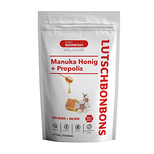 Purao Biomedi Caramelle Miele di Manuka con Propoli - per bocca e gola, 34 Caramelle (200 g) in busta richiudibile