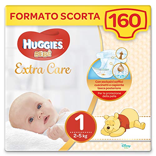 Huggies Extra Care Bebè Taglia 1 (2-5Kg), 4 Confezioni da 40 Pannolini, 3290 Gr