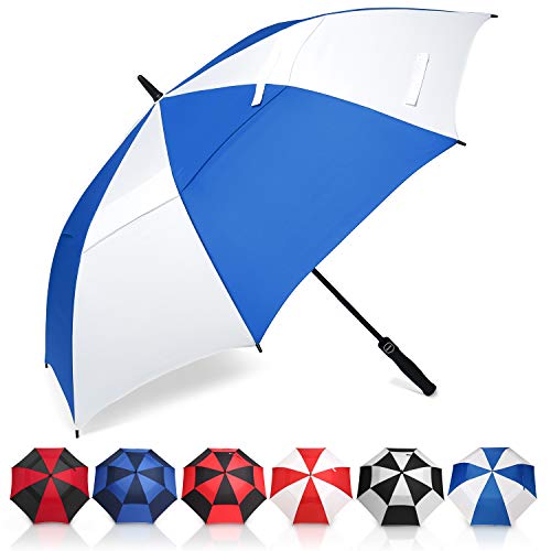 Eono by Amazon - Ombrello da Golf Aperto Automatico, 62 inch, Large Golf Umbrella, Ombrello Grande, Disegno Antivento Super Resistente, Umbrella di Viaggio con Custodia Impermeabile, Bianco/Blu Reale