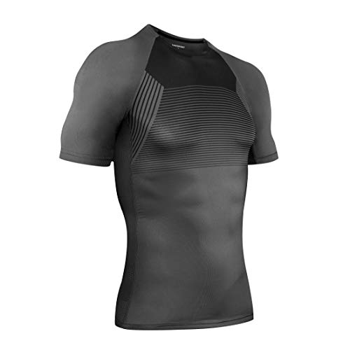 AMZSPORT Camicia a Compressione Sportiva da Uomo T-Shirt a Manica Corta con Design per Correre All'aperto - Grigio L