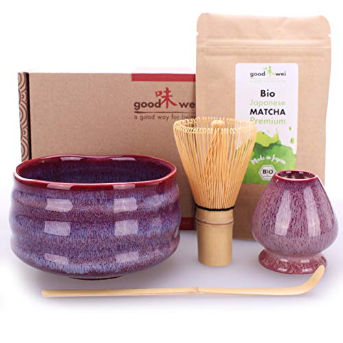 Goodwei Set di Matcha Completo - Tazza Cerimoniale con frusta e cucchiaio di bambù - incl. Tè Matcha Biologico Giapponese (Seiun)