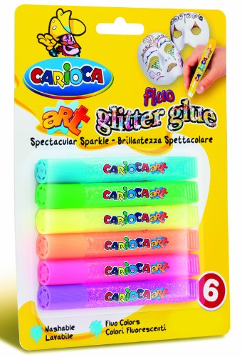 Carioca 42111 - Glitter Glue Blister Confezione, 10.5 ml, 6 Colori Fluo, Colla Colorata per Decorazioni