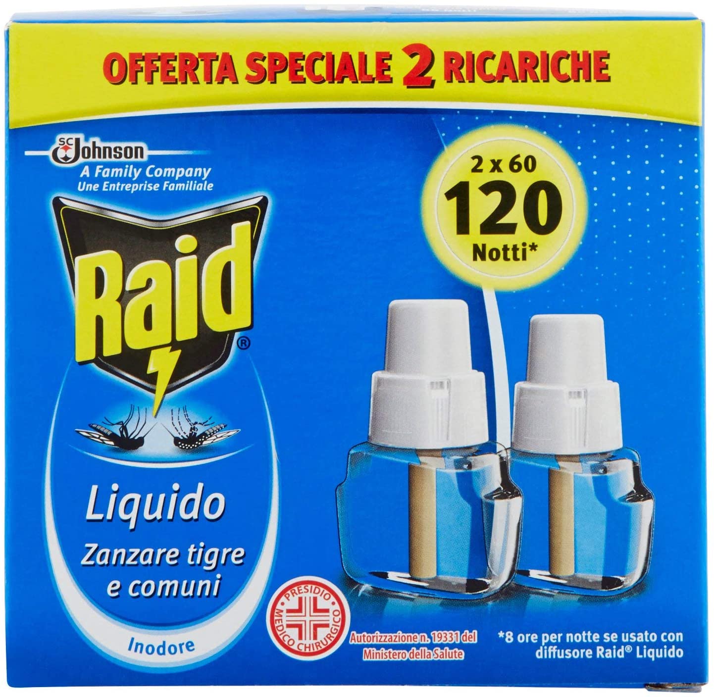 Raid Liquido Ricarica, Antizanzare Elettrico Inodore, Confezione da 2 ricariche x 32 ml, 120 Notti