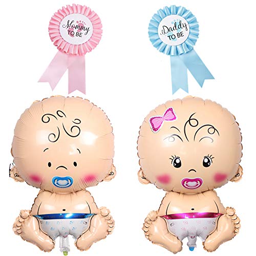 Feelairy 2 Pezzi Baby Ciuccio Palloncino Foil Baby Bambola Foil Balloon Elio Boy Girl con Daddy to Be And Mommy to Be Tinplate Badge Needle Decorazione per Baby Shower Gender Reveal Party Decor