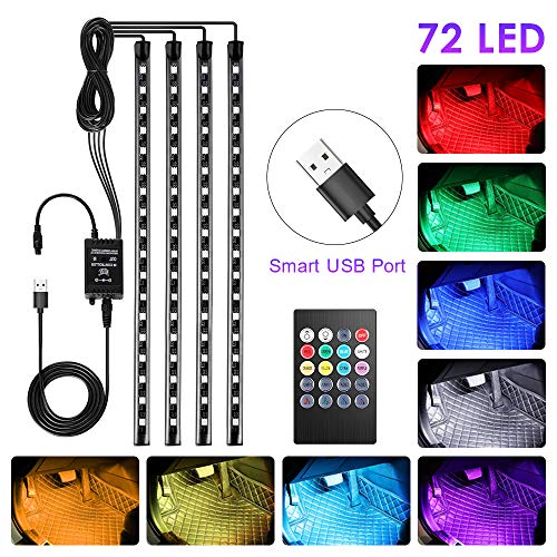 bedee Led Auto Interni Kit,Striscia Led Neon Auto Interni,RGB SMD 72 LED Luci con Telecomando Senza Fili - USB Porta - Set di 4 x 18