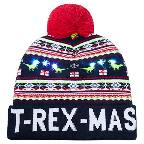 AIDEAONE Cappello di Natale con 6 Luci Colorate Maglieria T-Rex-mas Cappello di Natale per Cappello per Regalo di Natale