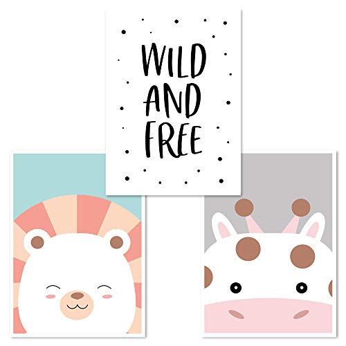 Set di 3 poster per la cameretta dei bambini, decorazione per la cameretta dei bambini, DINA 4, ragazzi (leone, selvaggio e Free, Giraffa)