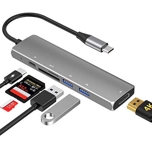 Hub USB C 6 in 1 in Alluminio con HDMI 4K, 2 Porte USB 3.0, USB-C (Ricarica PD),TF,SD Adattatore multiporta per dispositive di Tipo C Compatibile Huawei Mate10, Matebook, Samsung S8, S9