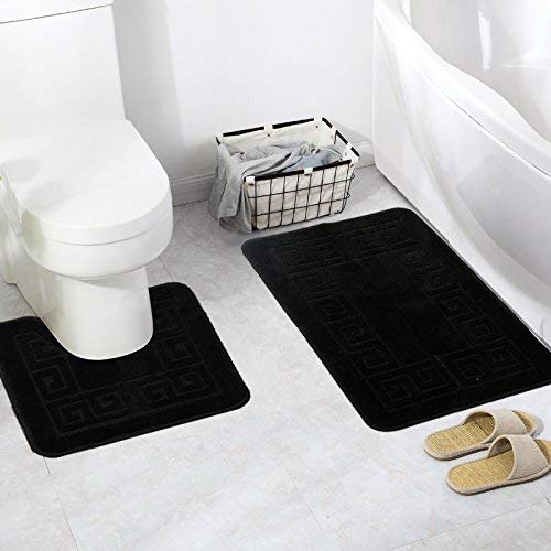 Pauwer, set di 2 tappetini lavabili antiscivolo per il bagno, per fronte vasca e piedistallo dei sanitari, Nero