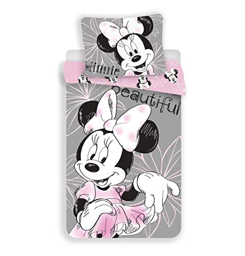 JF Disney - Biancheria da letto double-face, motivo: Minnie Mouse. 140 x 200 cm, cuscino 70 x 90 cm, 100% cotone, colore: grigio/rosa.