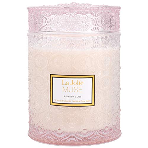 La Jolíe Muse Candela profumata Rose Noir e Oud, Candela di soia Naturale al 100% per la casa, Durata 90 Ore, Barattolo di Vetro Grande, 550g / 19,4Oz