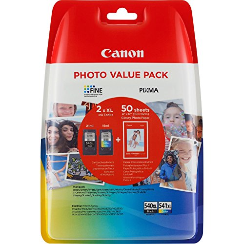 Canon PG-540XL/CL-541XL Cartuccia Originale Getto d'Inchiostro a Resa Elevata, 2 Pezzi, Nero/Colore + 50 Fogli di Carta Fotografica Lucida 4” x 6”