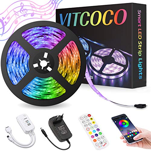 VITCOCO Striscia LED Bleutooth, Striscia LED Musica 5M 5050 RGB 150 Leds Controllata da Bluetooth+Tasti Telecomando+Interruttore, Luminosità Regolabile Nastri Led Retroilluminazione per Decorazione
