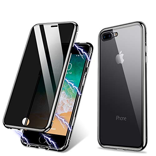 ZHIKE Custodia per iPhone 7 Plus 8 Plus, Custodia per adsorbimento Magnetico Anti-Peep Frontale e Posteriore in Vetro temperato Copertura a Schermo Intero Flip Privacy Cover per(Nero Trasparente)