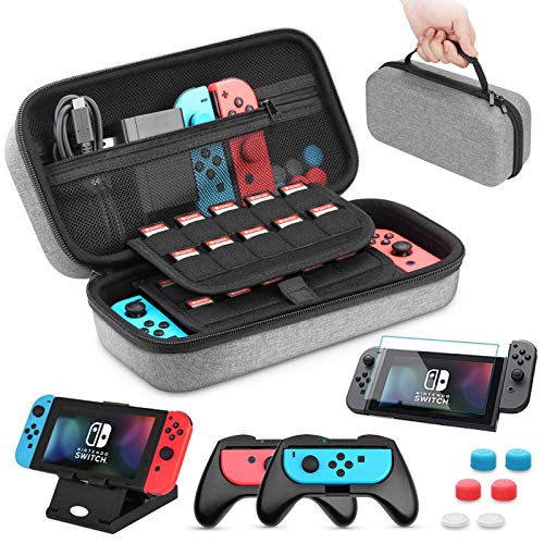 HEYSTOP Custodia per Nintendo Switch, 11 in 1 Custodia per Switch Nintendo, 2 Joy-con Grip per Switch Nintendo, PlayStand Regolabile, Pellicole Protettive con 6 Thumb Grip (Grigio)