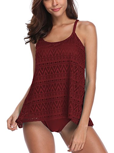 FLYILY Tankini da Donna in Rete, Costume da Bagno, Set da 2 Pezzi, Bikini con Slip a Vita Alta, Taglie Forti(Winered,XL)