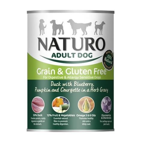 Naturo - Cibo per Cani Adulti Grain & Glutem Free con Anatra, Mirtilli, Zucca e Zucchine in Salsa di Erbe - Pacco da 12 x 390gr - Totale 4680gr
